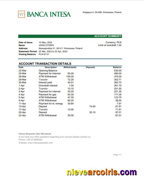 Poland Banca Intesa bank statement Excel and PDF